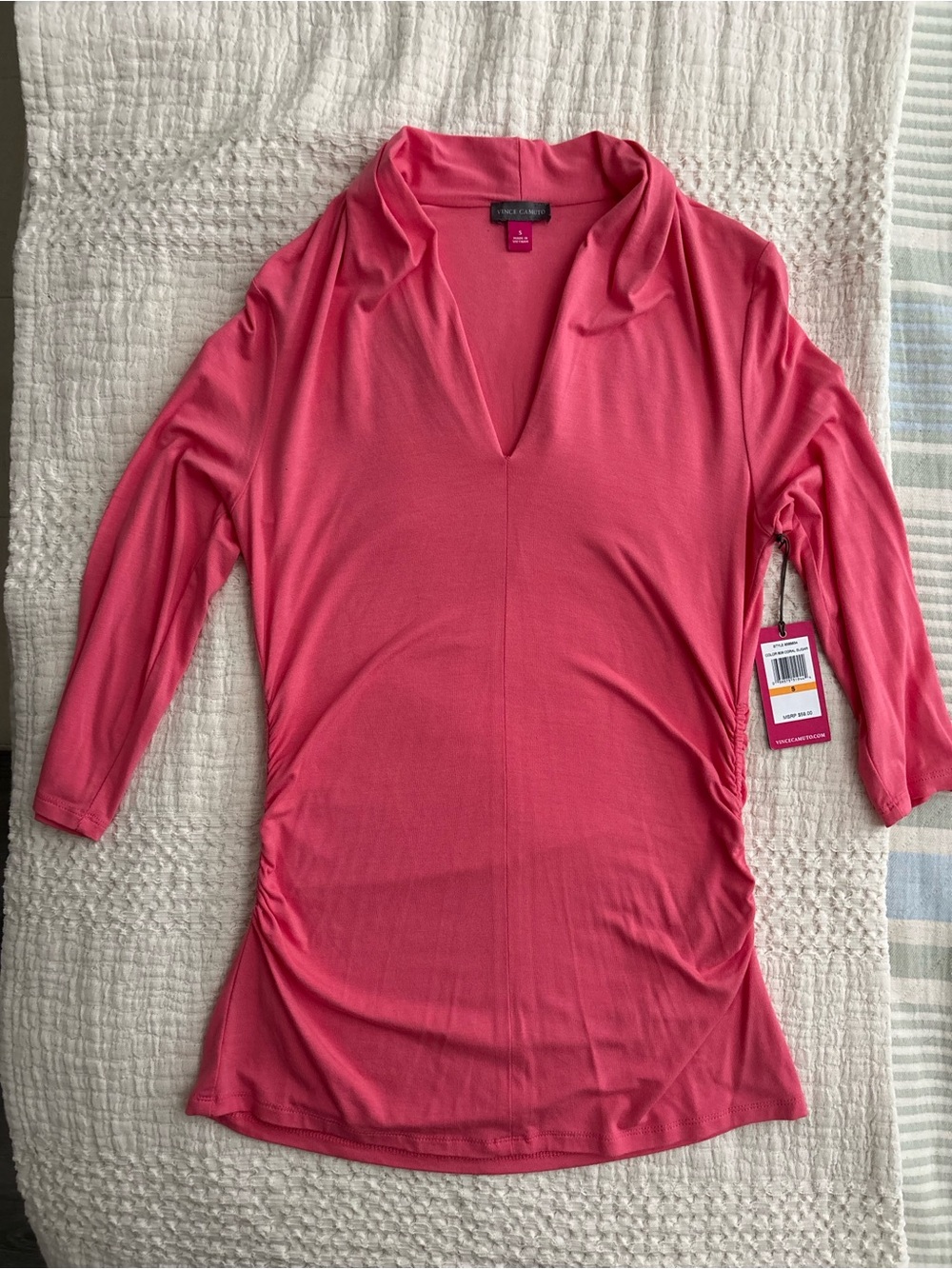 Vince Camuto Coral Pink V-Neck Ruched Tunic